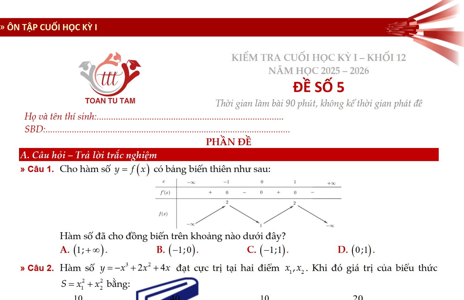 Đề kiểm tra học kì 1 Toán 12 Kết nối tri thức theo form 2026 Tự Tâm - Đề 5